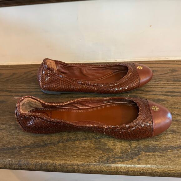 Tory Burch York Brown Leather Python Scale Cap Toe Ballet Flats Size 6 EUC - Picture 4 of 8